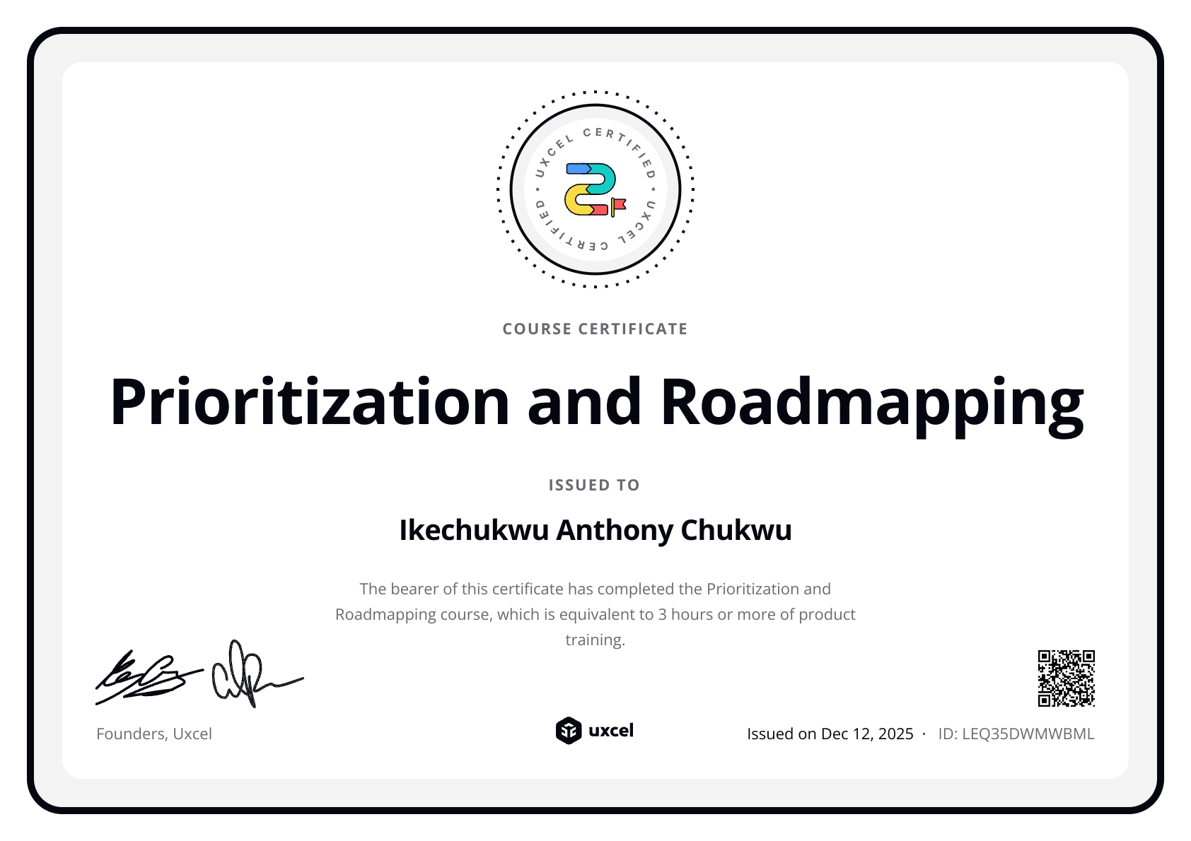 Anthony Chukwu's certificate